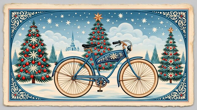 Vintage Christmas Bicycle Illustration Shabby Winter Holiday Card Festive Xmas, Vintage Christmas illustration shows a decorated bicycle by snowy trees in a framed holiday card design