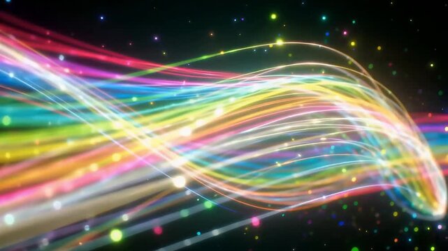 Glowing vibrant rainbow light waves flowing through dark space in this smooth cinematic motion video clip