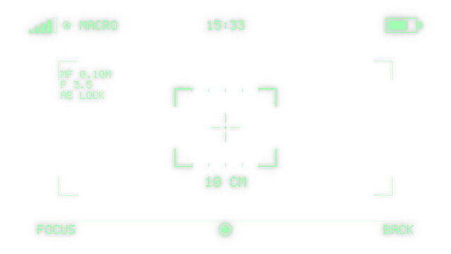 Macro mode camera viewfinder overlay with close focus frame and distance readout on a transparent background