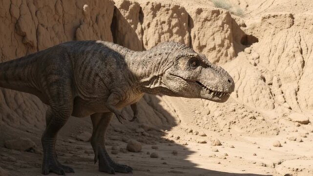 Tarbosaurus Dinosaur Standing In Shadow Of Sandy Desert Canyon