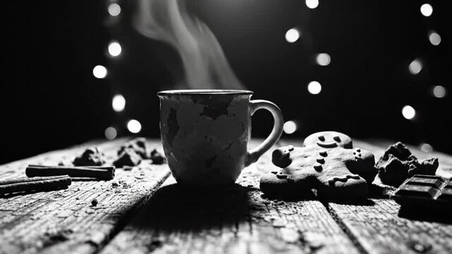 Cozy black and white shot of a steaming cup of warm beverage and festive gingerbread man on a wooden surface