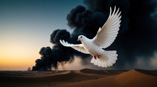 White dove flies over desert sand dunes under dark smoke clouds. Peace bird symbol soars against black pollution plumes at sunset. Spiritual concept of hope, freedom amidst war environmental disaster