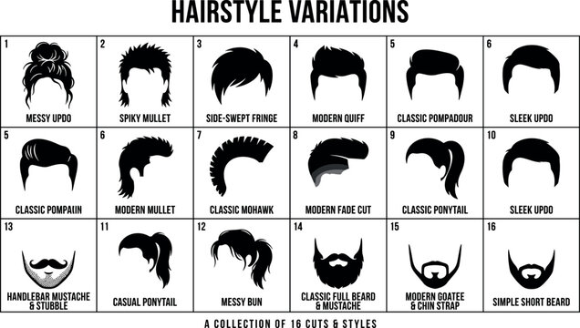 Hairstyle variations chart vector set with men and women haircut fade mullet mohawk beard and mustache styles