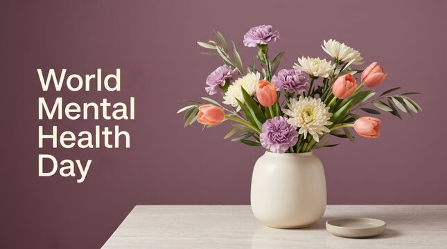 World Mental Health Day flowers and vase on table