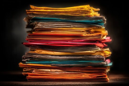 Stack of colorful paper documents in dark office lighting