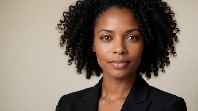 Portrait of confident Black businesswoman with curly hair. She wears a black suit jacket looking directly at camera with a serious expression. Diversity in corporate settings.
