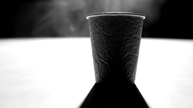 Black coffee cup standing on a white surface, creating a long shadow, in a moody monochromatic scene.