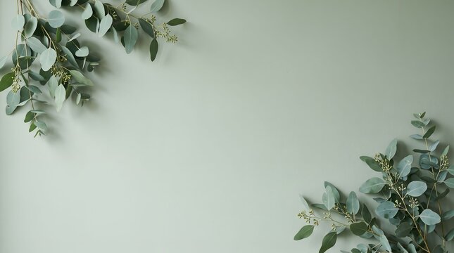 Elegant eucalyptus branches with silver-green leaves and small seeds arranged in corners on a soft sage green background, creating a minimalist and calming natural flat lay composition.