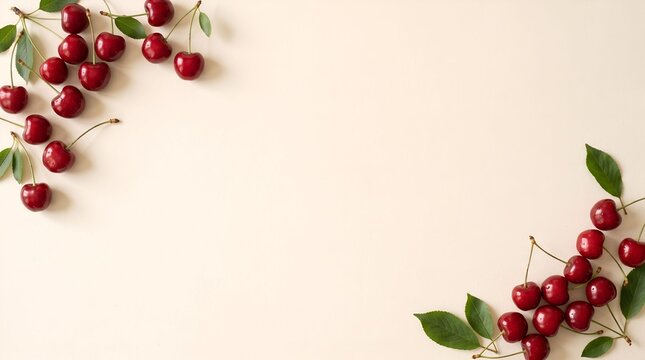 Fresh ripe red cherries with green leaves arranged in opposite corners on a minimalist cream background, featuring soft lighting and ample copy space for a clean, organic, and elegant look.