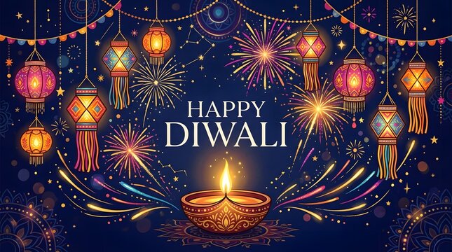Night festival scene with happy diwali text fireworks lanterns and central oil lamp.