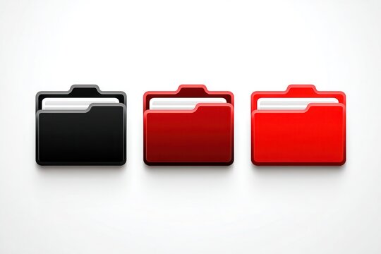 Three file folders black and red on white background