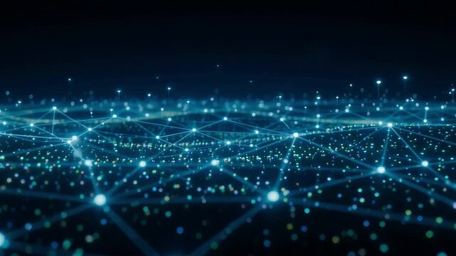 Glowing blue network nodes and connecting lines moving in abstract digital motion video background loop animation