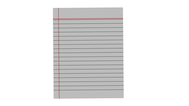 Lined notebook paper sheet with red margin. Gray textured school notepad page. Blank corporate stationery template isolated on white background. Minimalist vertical writing pad space for notes