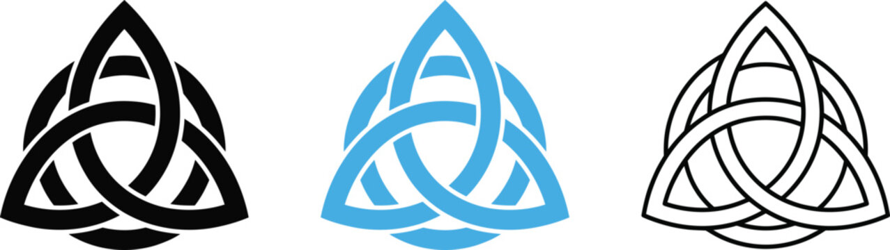 Set of three celtic triquetra knot symbols in black solid blue gradient and simple black outline style