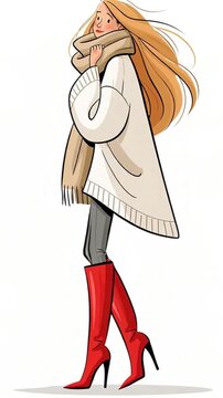 Stylish young woman in a fashionable autumn outfit: leggings, sweater, scarf and boots, flat design illustration on white background