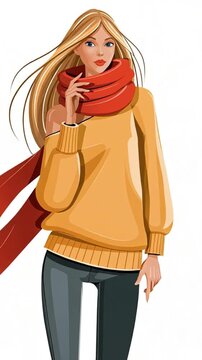 Stylish young woman in a fashionable autumn outfit: leggings, sweater, scarf and boots, flat design illustration on white background