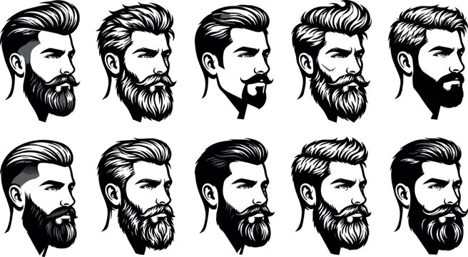 Men hairstyle and beard vector portrait set with pompadour fade undercut haircut mustache styles for barbershop grooming