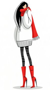 Stylish young woman in a fashionable autumn outfit: leggings, sweater, scarf and boots, flat design illustration on white background