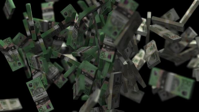 Bundles of us dollar bills and australian dollar banknotes colliding in mid air
