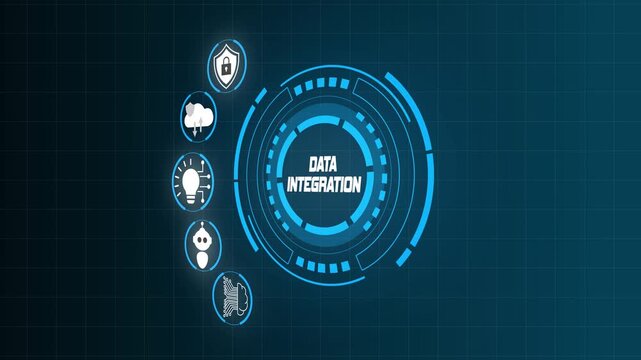 Data Integration Network with Futuristic Connected Systems and HUD Interface.