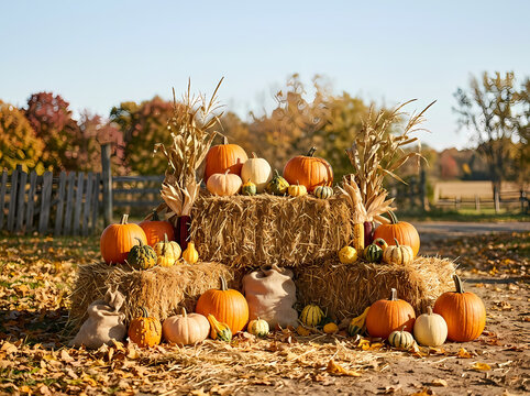 Rustic Autumn Harvest Display Featuring Colorful Pumpkins And Dried Corn Stalks Arranged On Bales Of Hay Outdoors During A Sunny Afternoon In A Rural Farm Landscape Setting For Seasonal