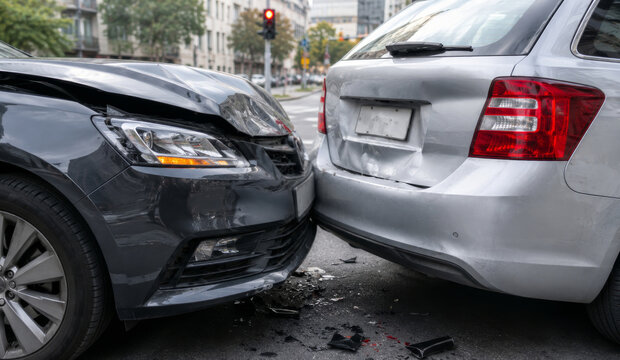 Two cars with damaged bumper after traffic accident on city street. Black car crashed into silver car rear at intersection with traffic light. Auto collision, insurance claim and road safety concept.