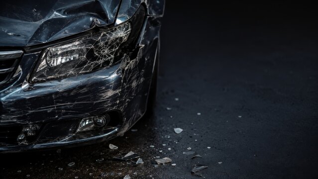 Damaged car with broken headlight and cracked bumper after traffic accident at night. Shattered glass fragments on dark asphalt