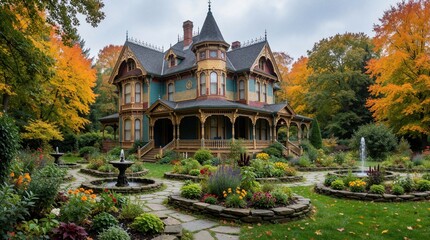 Fototapeta premium Opulent Victorian mansion with vibrant fall foliage surrounds its manicured garden. Intricate architecture features turrets and porches, complemented by blooming flowers and water fountains.