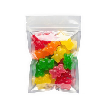 Assorted colorful gummy bears in clear plastic bag
