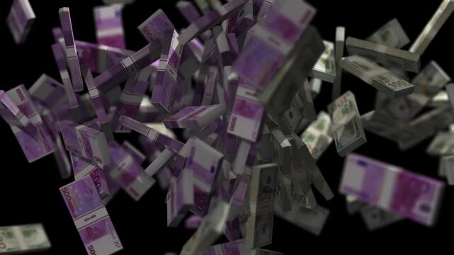 Bundles of us dollar bills and euro banknotes colliding in mid air