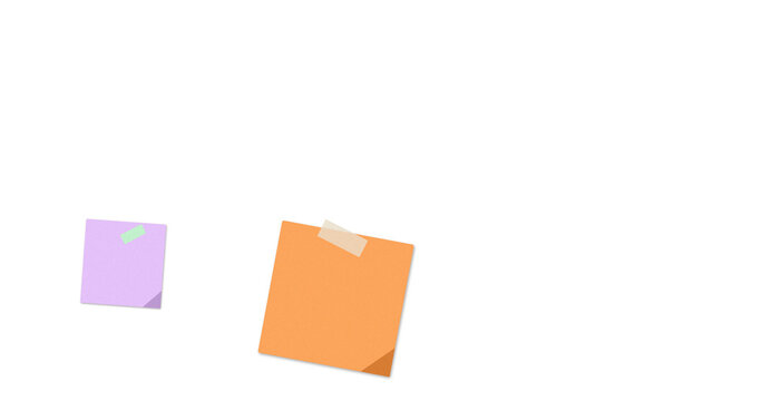 One purple and one orange square paper sticky note with adhesive tape attached to a surface for reminders and office organization tasks