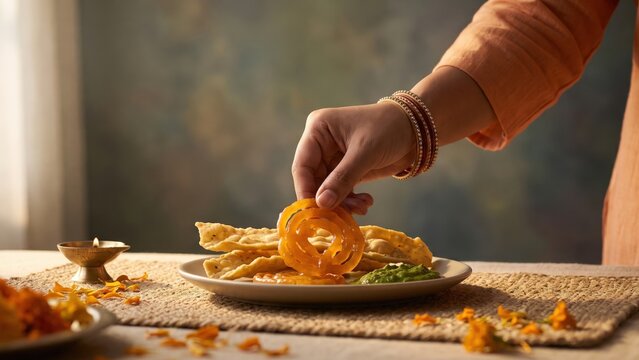 Hand Serving Fafda Jalebi at Festive Breakfast Table - Gujarati Food.
