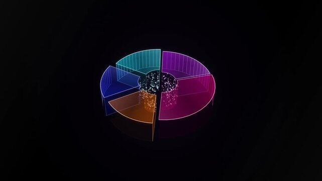 3 d neon infographic pie chart with floating data particles for business analytics and digital marketing presentations