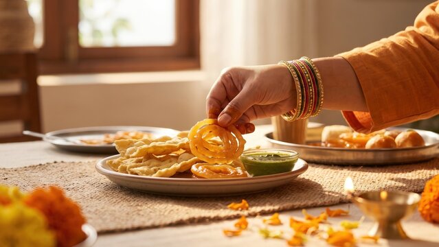 Hand Serving Fafda Jalebi at Festive Breakfast Table - Gujarati Food.