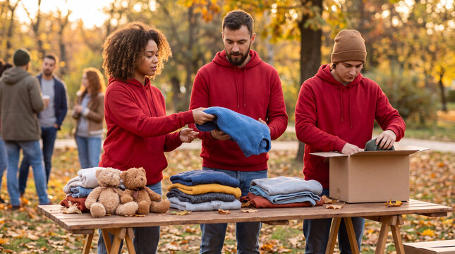 Three diverse volunteers in red hoodies organize donations at a wooden table under golden autumn trees.