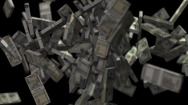 Bundles of us dollar bills and indian rupee banknotes colliding in mid air