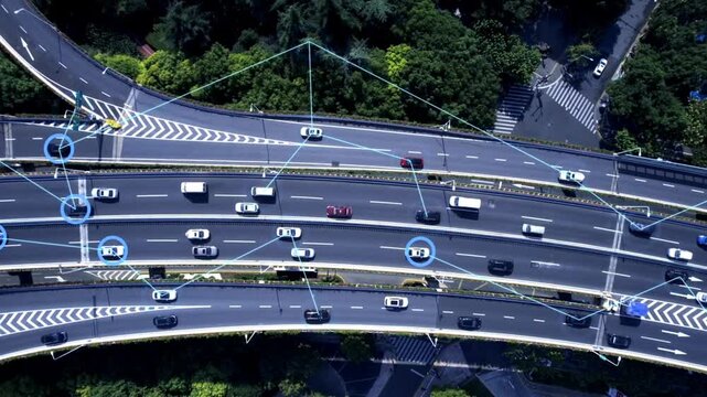 Smart city highway traffic with connected cars and vehicles communicating through network technology for efficient transportation and intelligent mobility system.