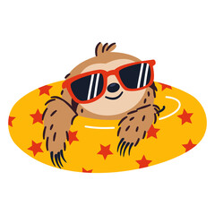 Fototapeta premium Cute flat vector illustration of a sloth relaxing in a sunny pool, wearing red sunglasses and enjoying a fun summer vacation. Cheerful colorful design for stickers, childrens products and seasonal pr
