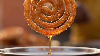 Fototapeta premium Jalebi Spiral with Sugar Syrup Drip - Indian Festive Sweet Macro.