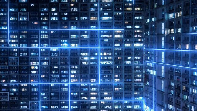 Abstract futuristic building facade visualization with glowing neon blue laser grid lights connected on skyscraper apartment exterior walls at night city scene.