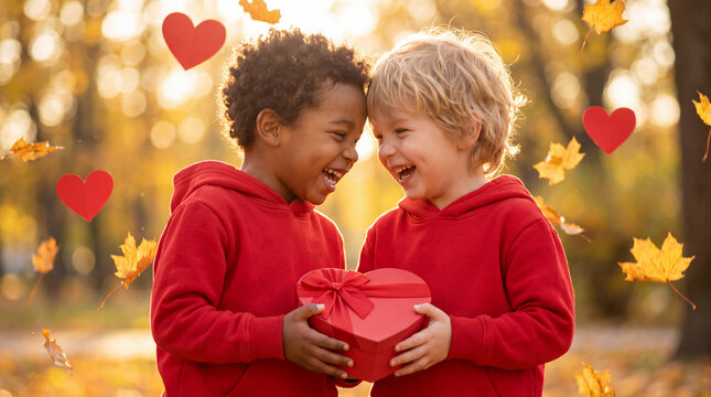Two happy children in red volunteer hoodies hold a heart-shaped gift box with ribbons, celebrating Giving Tuesday kindness for social media posts.