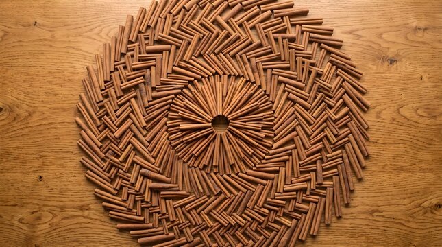 Cinnamon sticks arranged in a golden angle phyllotaxis spiral pattern on wood surface