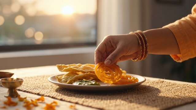 Hand Serving Fafda Jalebi at Festive Breakfast Table - Gujarati Food.