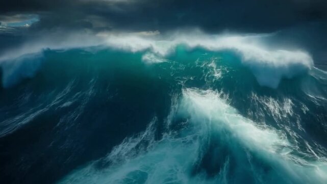 A colossal wave amidst a ferocious sea. Deep blue-green swells tower high, capped with seething white foam, as if poised to crash down upon anything in their path.
