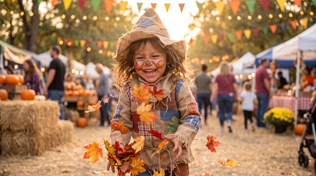 A joyful toddler in a scarecrow costume throws autumn leaves at a harvest festival, perfect for playful fall celebration designs.