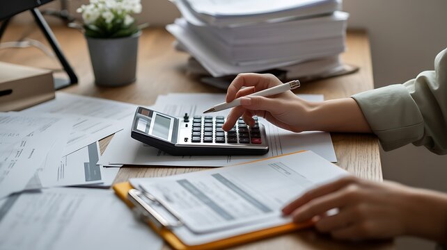 Businessman using calculator over printed financial documents beside laptop for corporate budgeting, accounting review, revenue analysis, expense control, strategic budget planning with copy space.