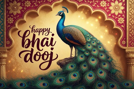 Festive Indian Bhai Dooj greeting card design features majestic peacock under ornate archway. Brother, sister celebrate tradition, love, family bonds with colorful, auspicious elements for holiday