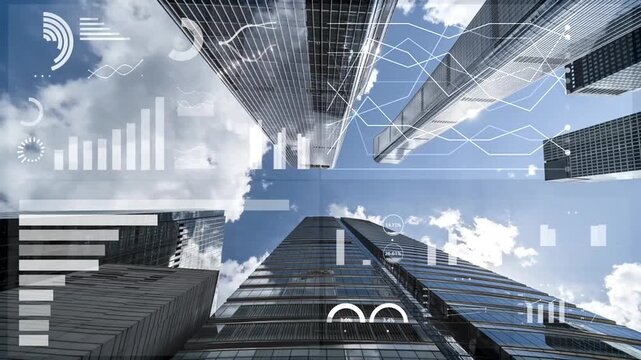 Low angle view of modern glass skyscrapers reaching into cloudy sky with animated business data analysis dashboard interface motion graphics overlay footage.
