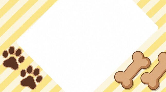 Cute paw prints and dog bones form diagonal border on cheerful yellow striped background. This playful illustration includes white space for text, ideal for pet-related announcements or invitations.