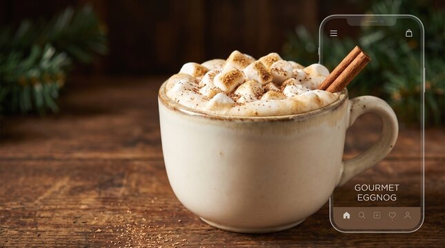 Classic Christmas eggnog in ceramic mug topped with toasted mini marshmallows and nutmeg on dark rustic table